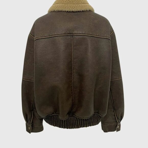 Maybebaby Faux Leather Oversized Shearling Bomber Jacket in Brown XS-M - Picture 4 of 12